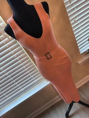 Sleeveless Ribbed Peach Belted midi Bodycon Dress